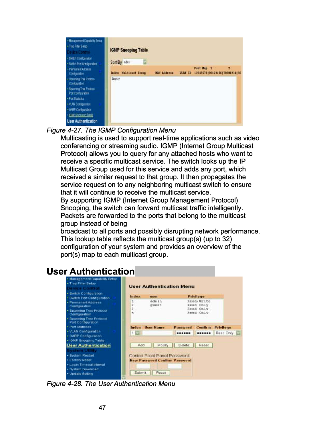 LevelOne GSW-2490TXM manual 27. The IGMP Configuration Menu, 28. The User Authentication Menu 