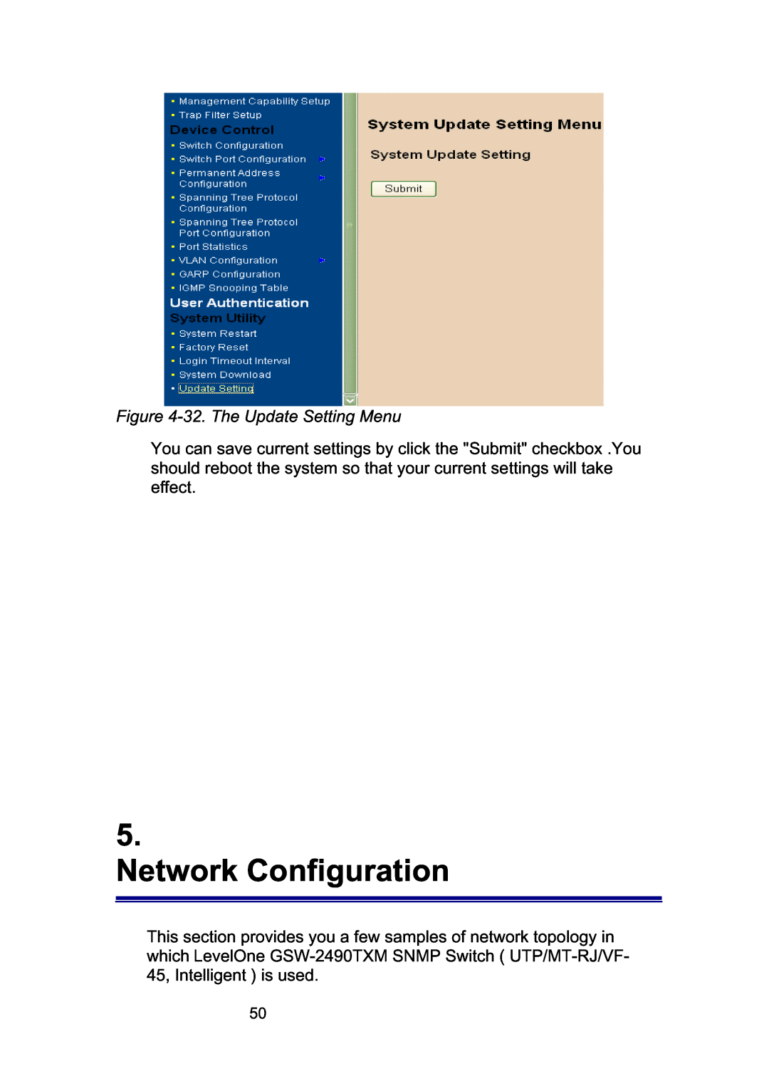LevelOne GSW-2490TXM manual Network Configuration, 32. The Update Setting Menu 