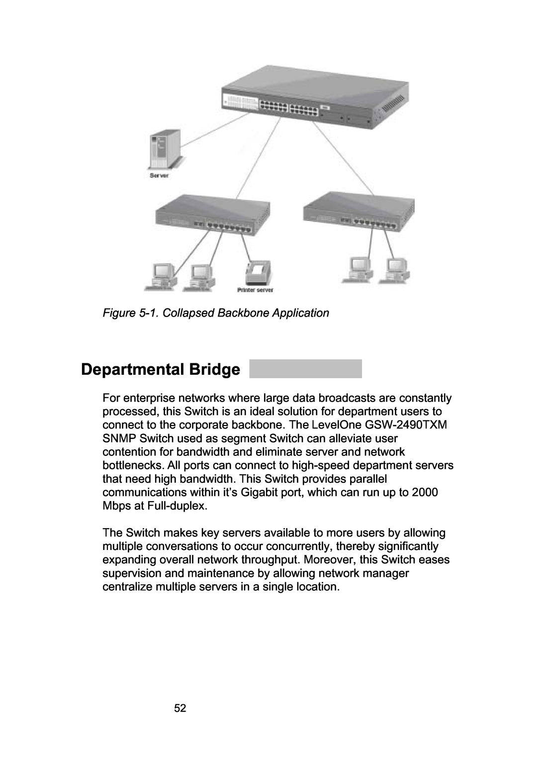LevelOne GSW-2490TXM manual Departmental Bridge, 1. Collapsed Backbone Application 