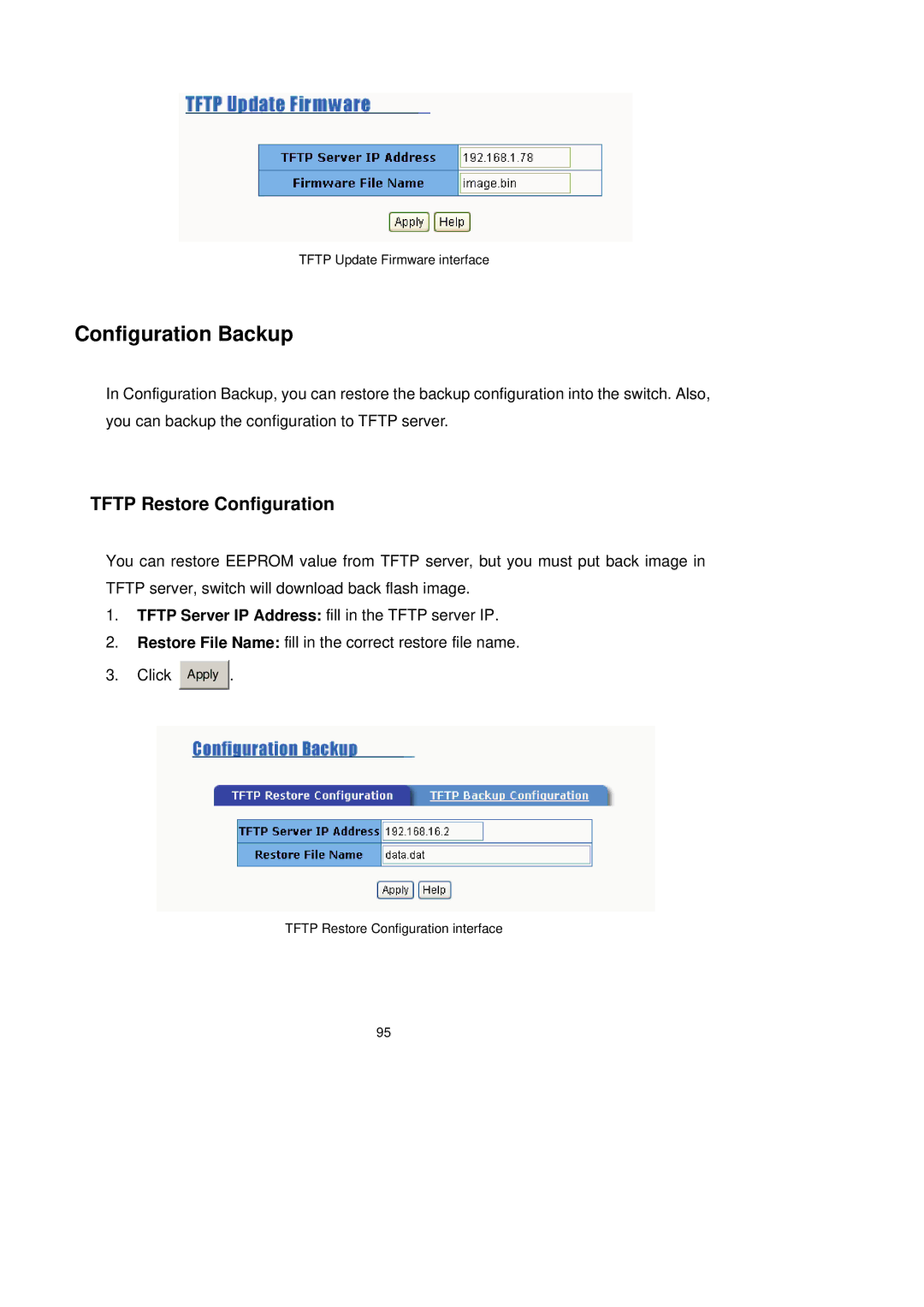 LevelOne GSW-2491TXM user manual Configuration Backup, Tftp Restore Configuration 