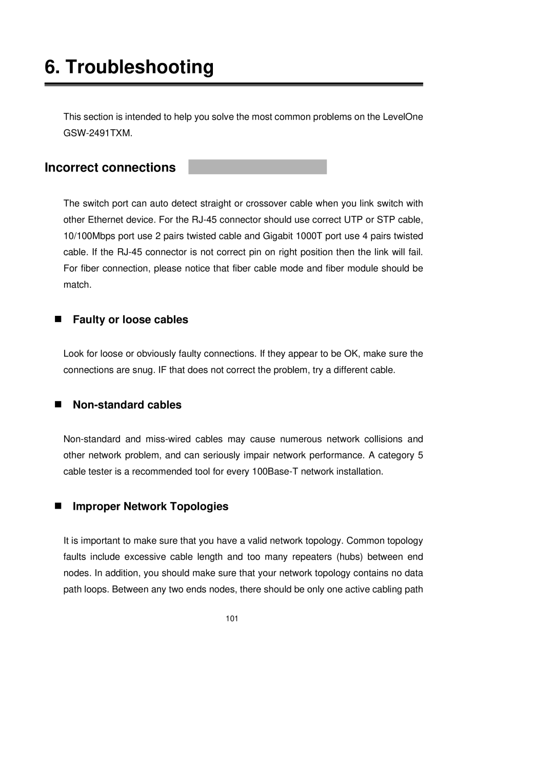 LevelOne GSW-2491TXM Incorrect connections, „ Faulty or loose cables, „ Non-standard cables, „ Improper Network Topologies 