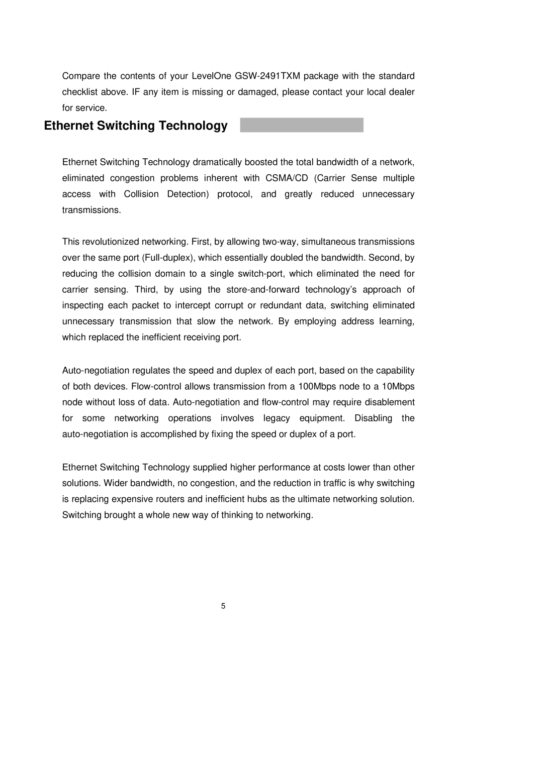 LevelOne GSW-2491TXM user manual Ethernet Switching Technology 