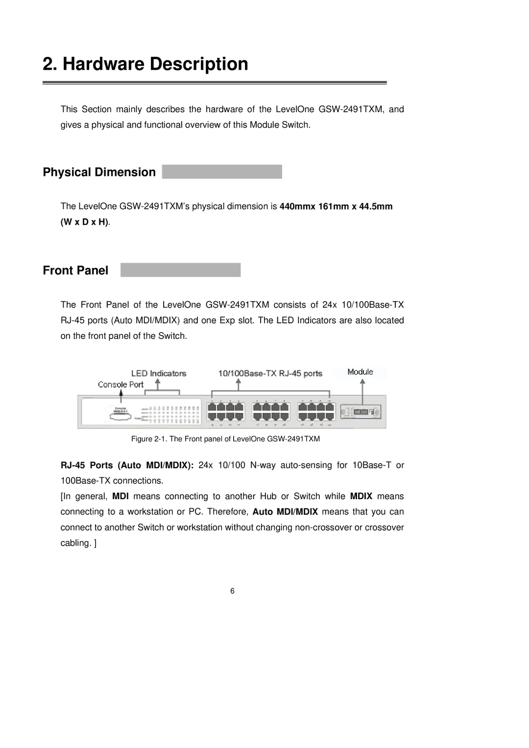 LevelOne GSW-2491TXM user manual Physical Dimension, Front Panel 