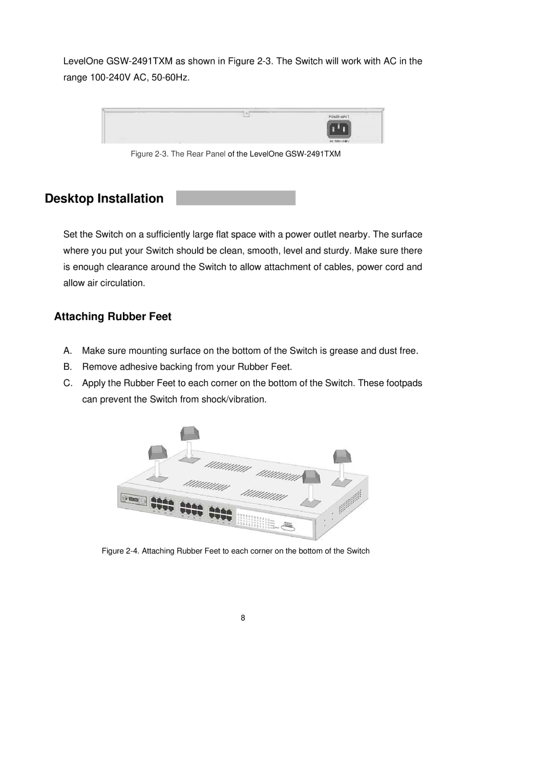 LevelOne GSW-2491TXM user manual Desktop Installation, Attaching Rubber Feet 