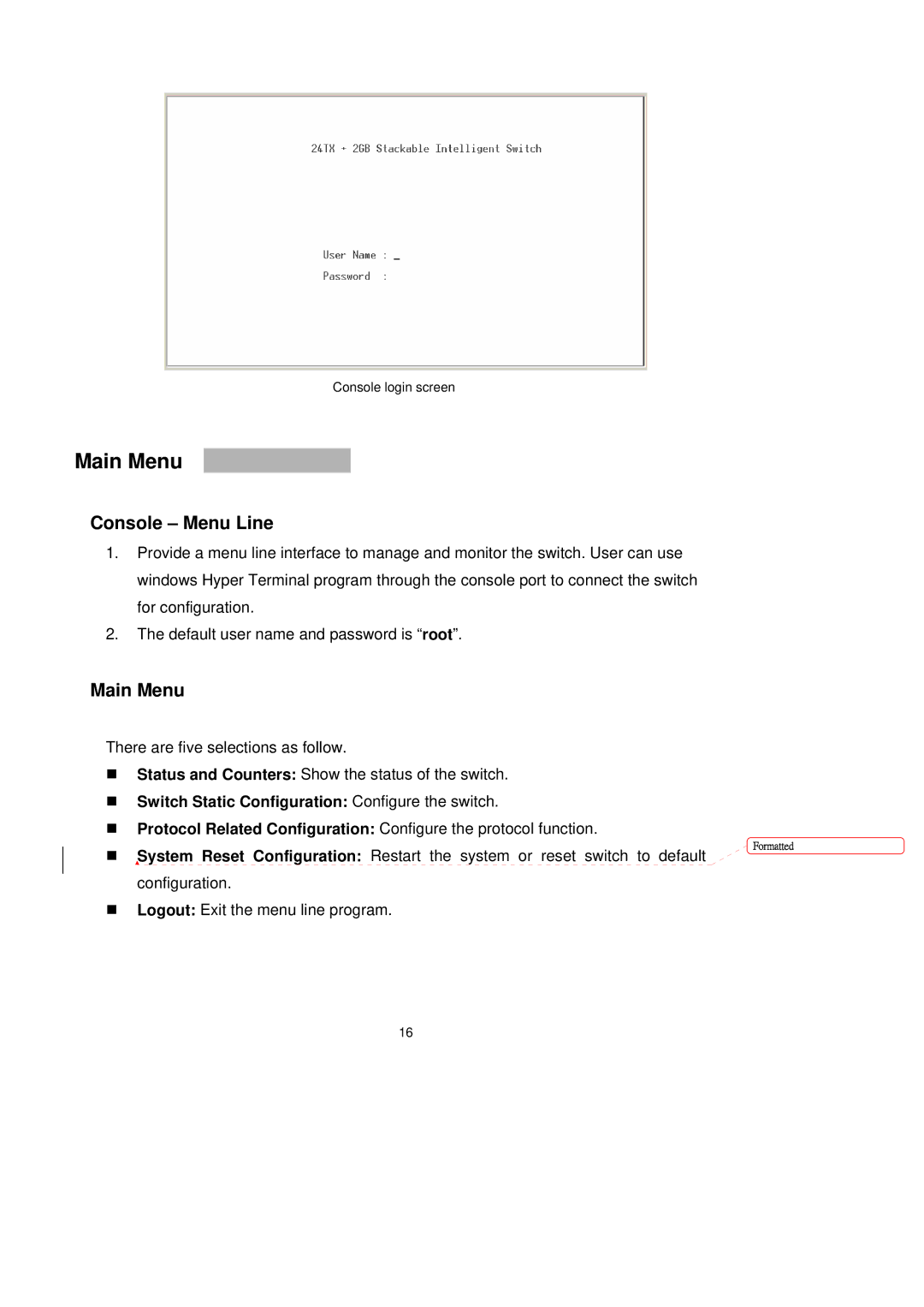 LevelOne GSW-2491TXM user manual Main Menu, Console Menu Line 