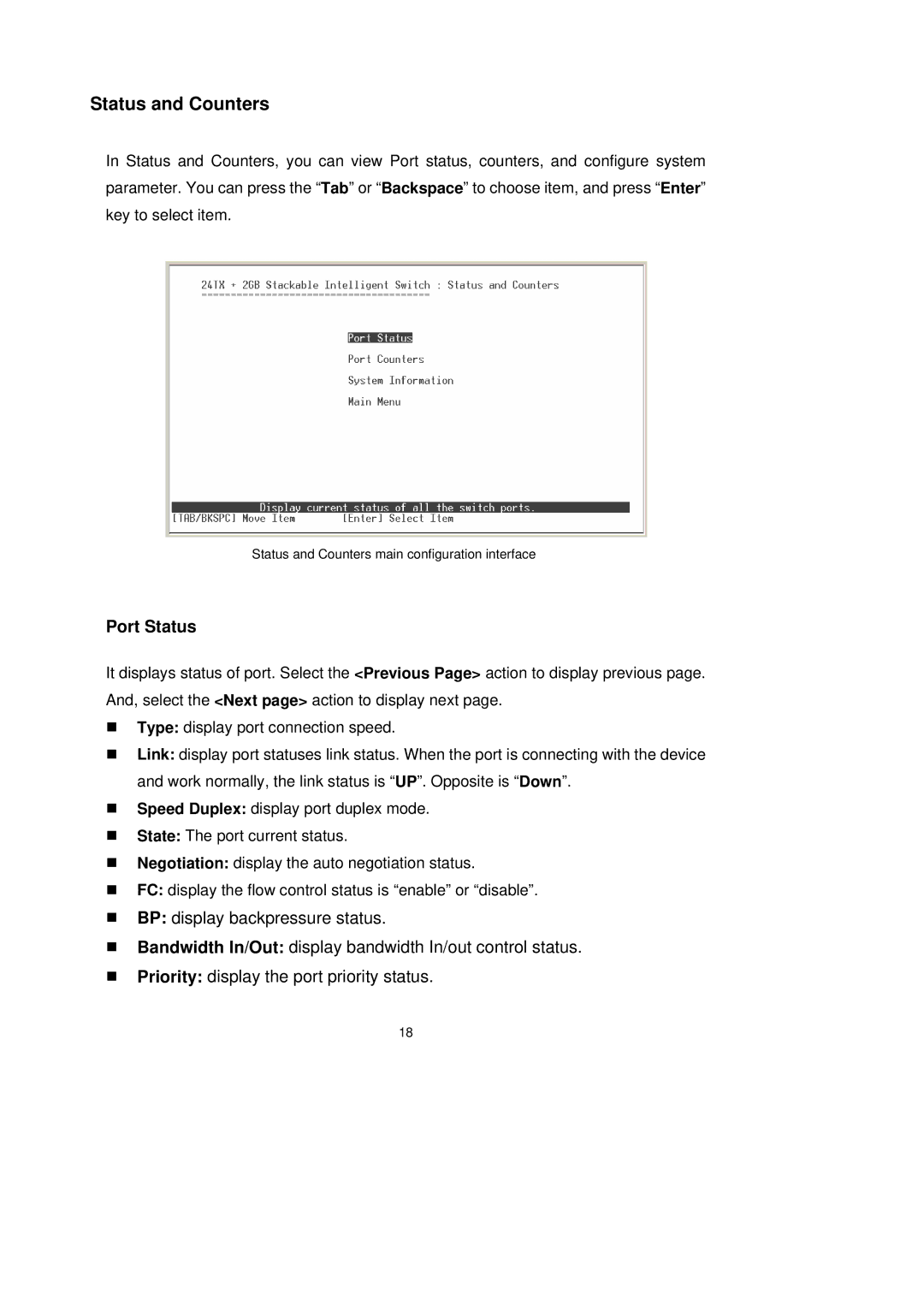 LevelOne GSW-2491TXM user manual Status and Counters, Port Status 