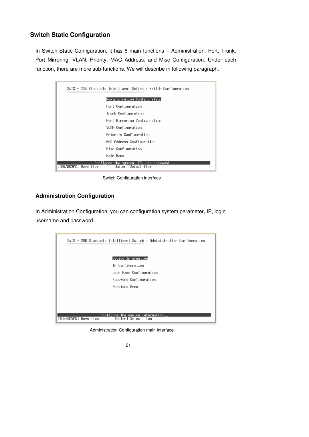 LevelOne GSW-2491TXM user manual Switch Static Configuration, Administration Configuration 