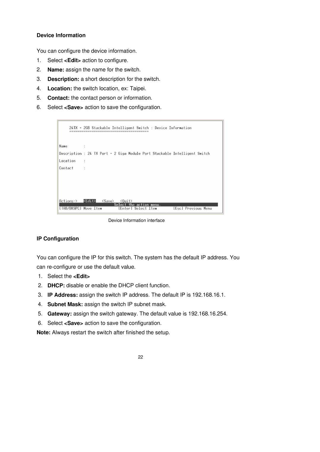 LevelOne GSW-2491TXM user manual Device Information, IP Configuration 