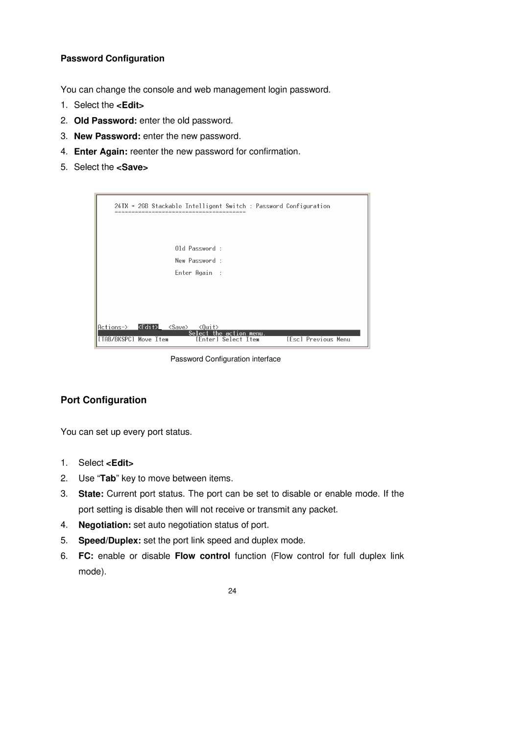 LevelOne GSW-2491TXM user manual Port Configuration, Password Configuration 