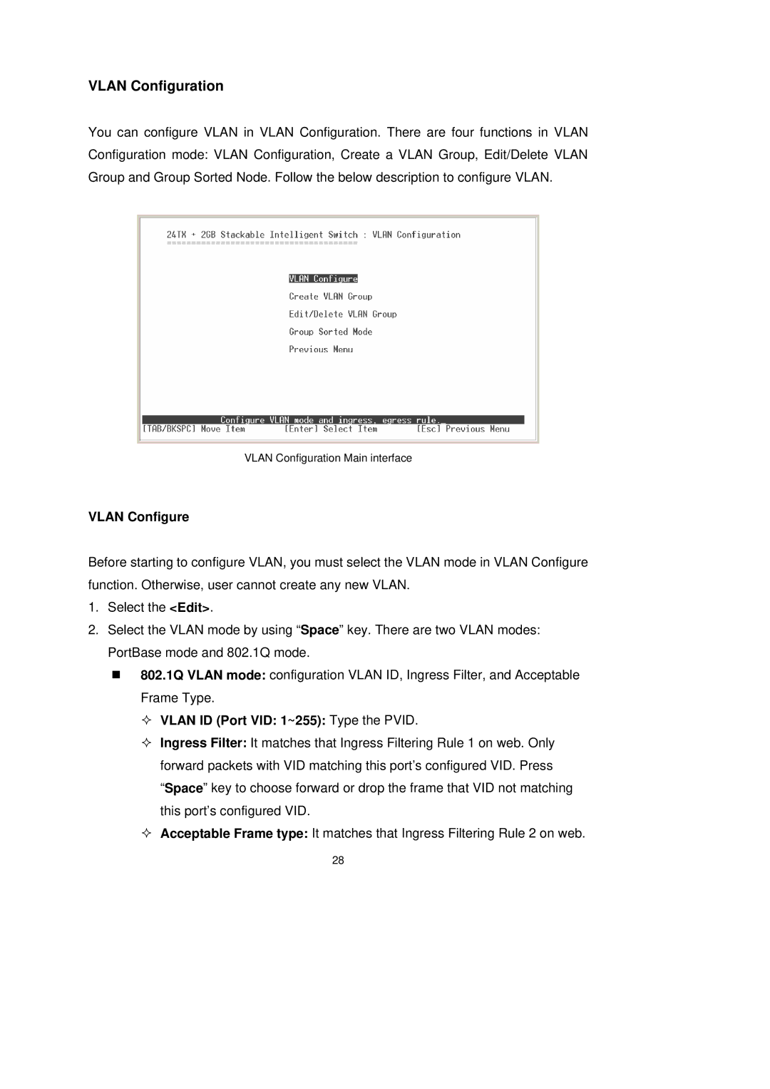 LevelOne GSW-2491TXM user manual Vlan Configuration, Vlan Configure, — Vlan ID Port VID 1~255 Type the Pvid 