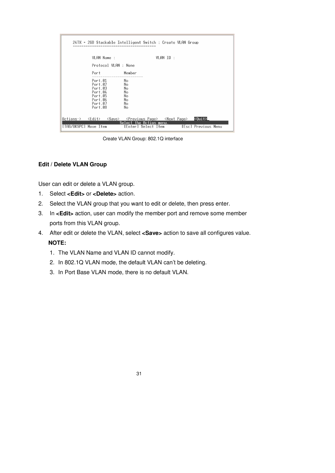 LevelOne GSW-2491TXM user manual Edit / Delete Vlan Group 