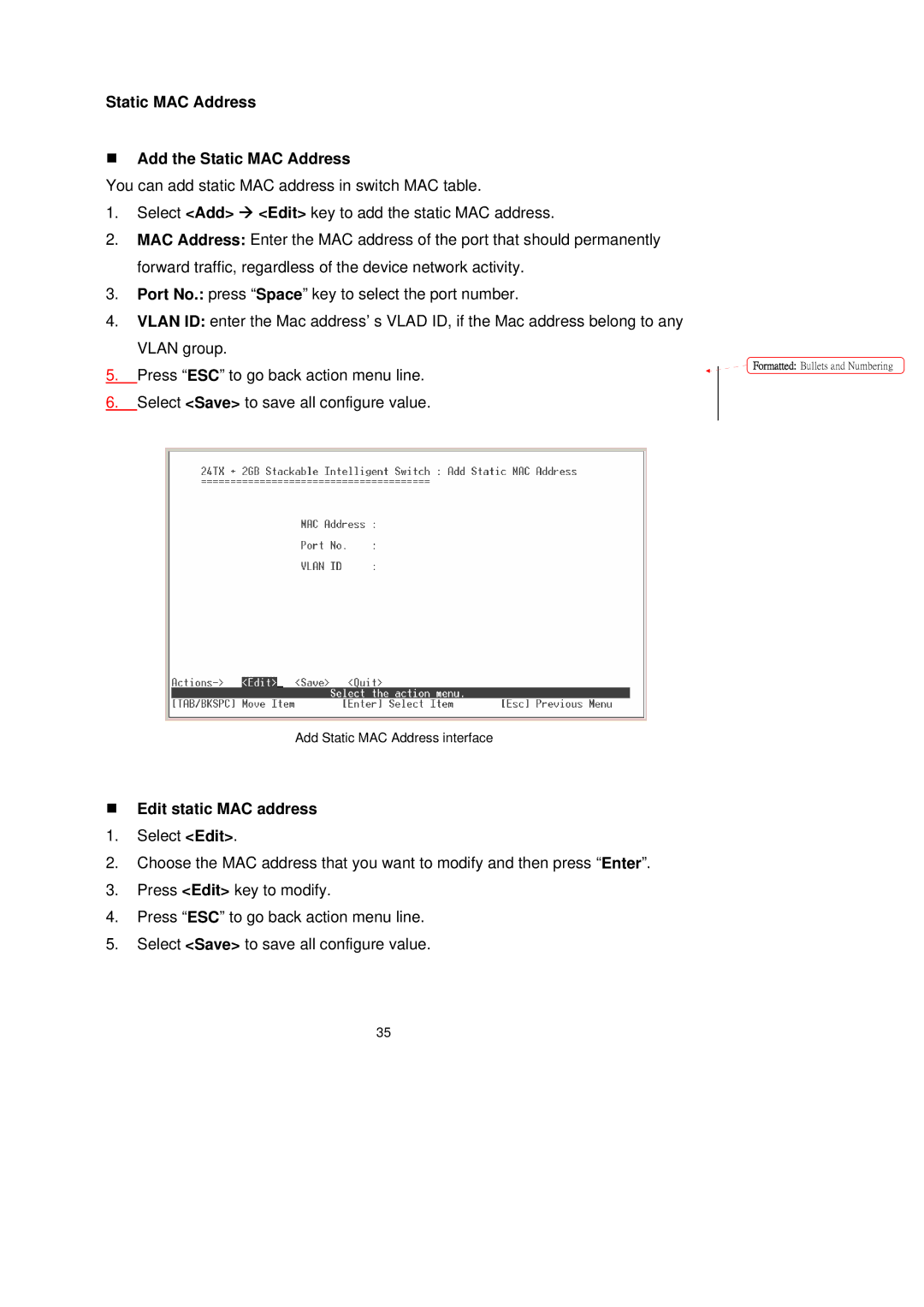 LevelOne GSW-2491TXM user manual Static MAC Address „ Add the Static MAC Address, „ Edit static MAC address 