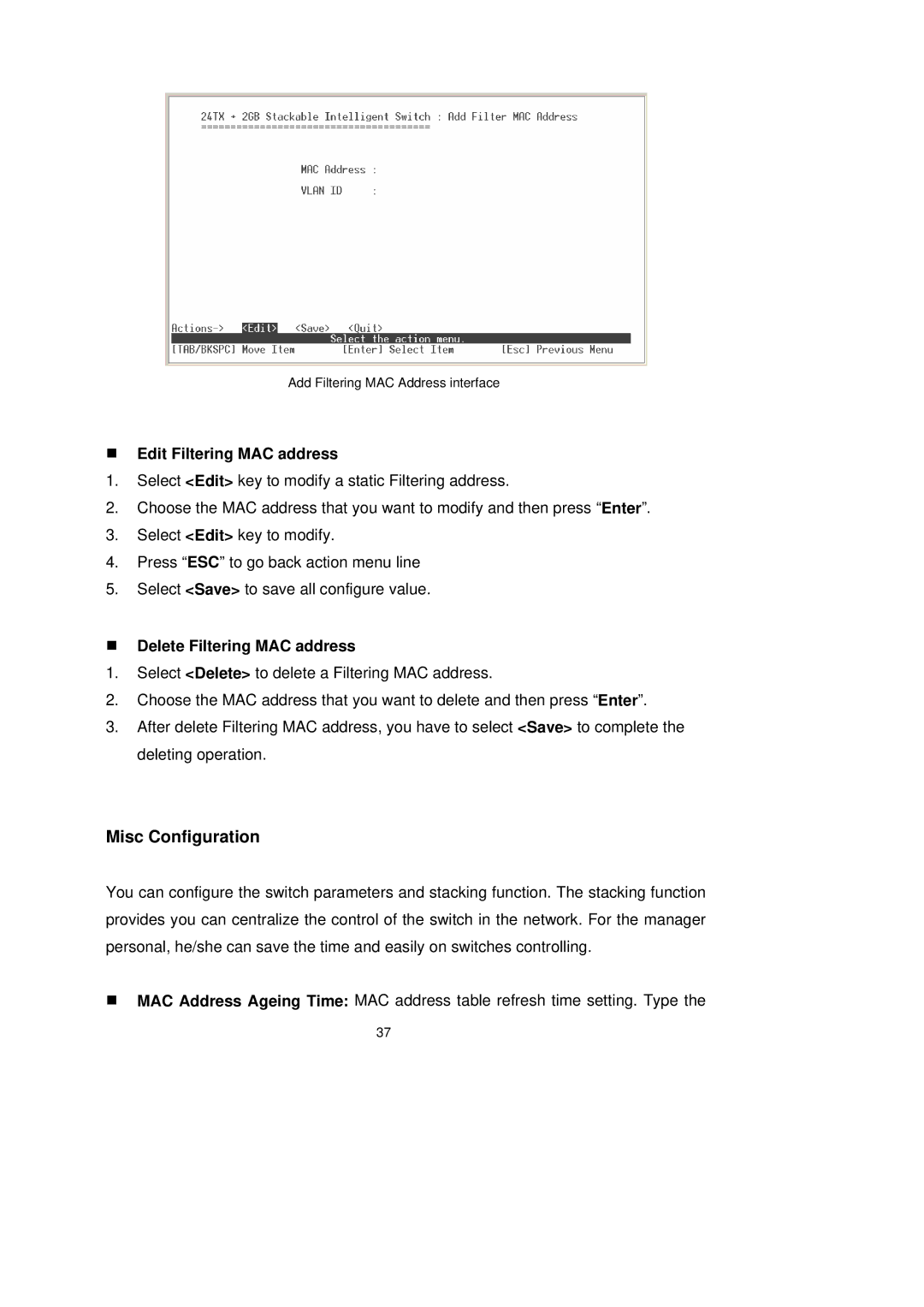 LevelOne GSW-2491TXM user manual Misc Configuration, „ Edit Filtering MAC address, „ Delete Filtering MAC address 