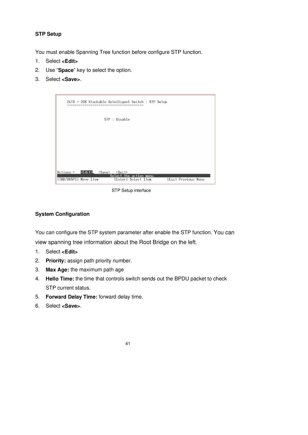 LevelOne GSW-2491TXM user manual STP Setup, System Configuration, Forward Delay Time forward delay time 