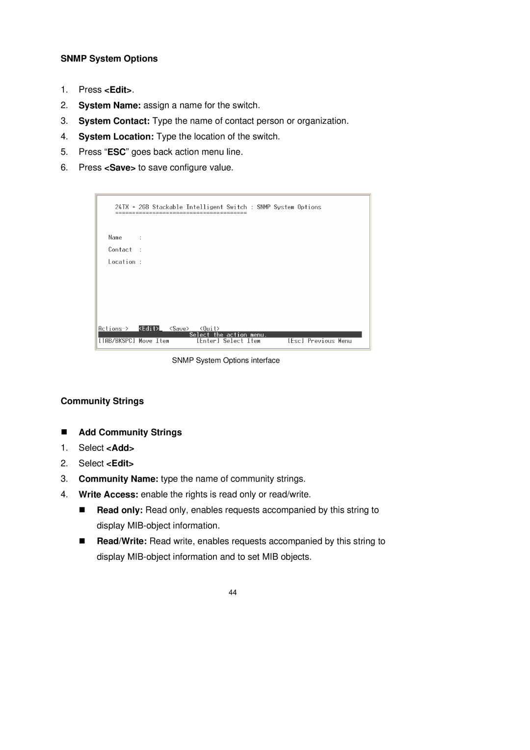 LevelOne GSW-2491TXM user manual Snmp System Options, Community Strings „ Add Community Strings 