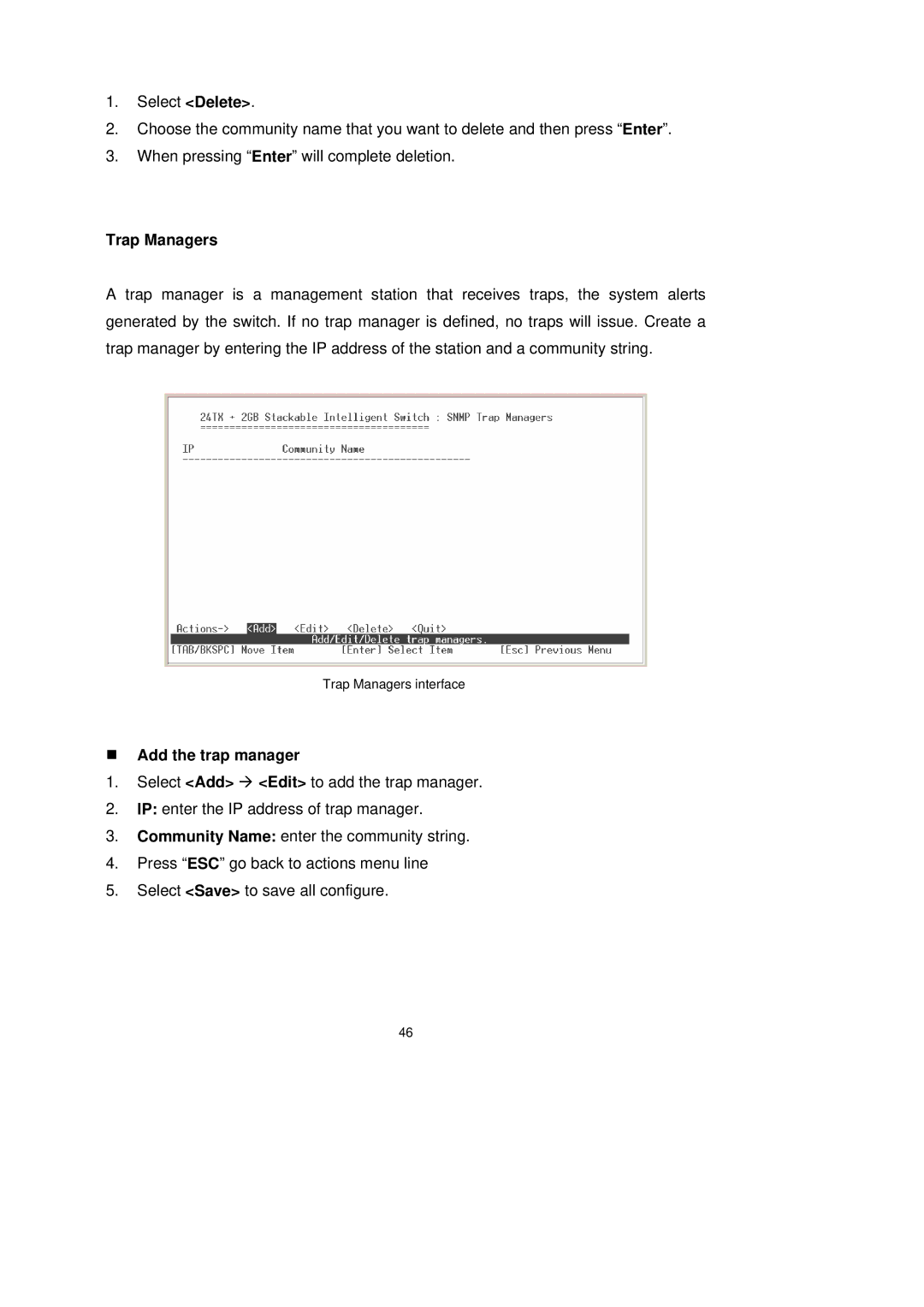 LevelOne GSW-2491TXM user manual Trap Managers, „ Add the trap manager 