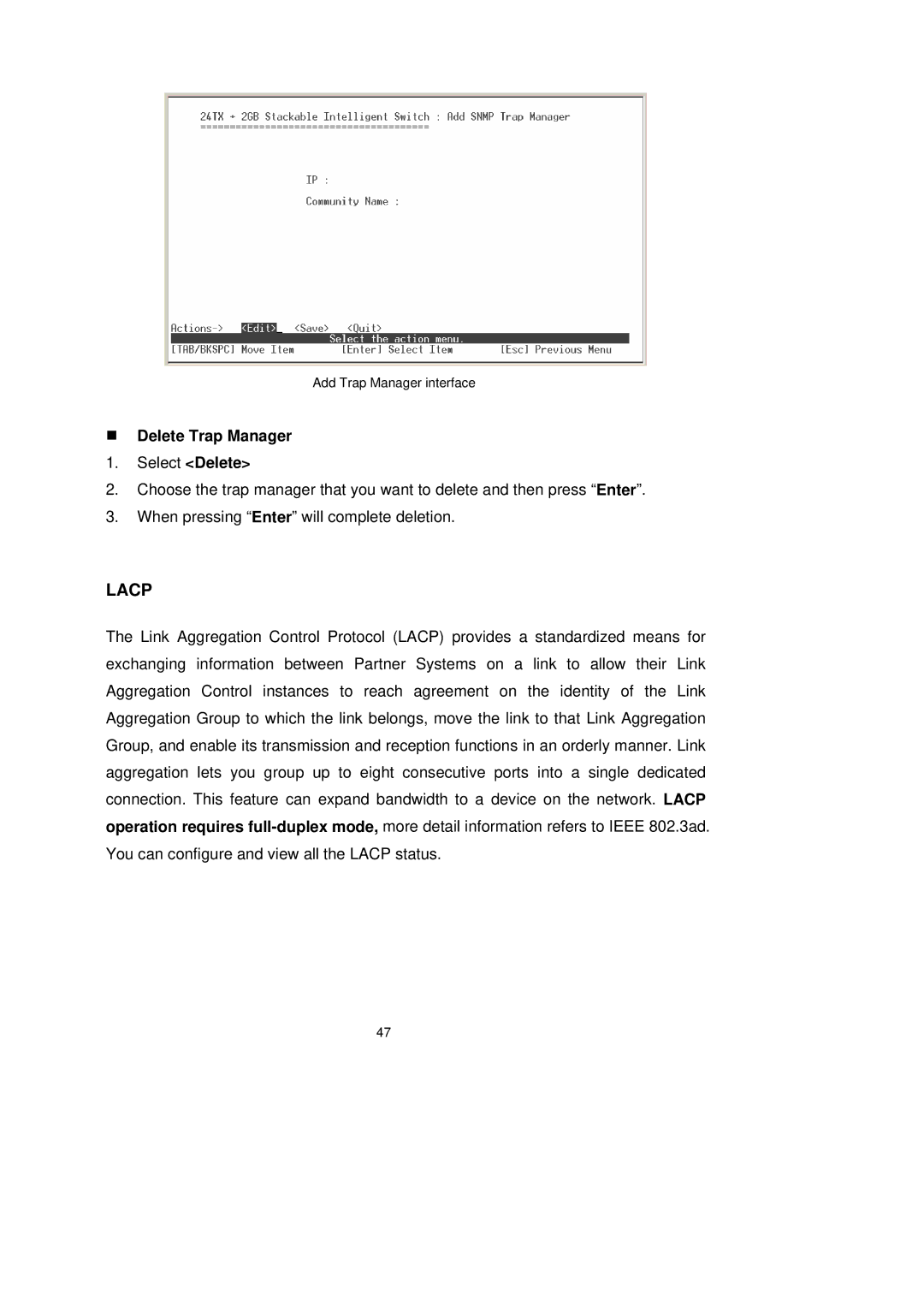 LevelOne GSW-2491TXM user manual Lacp, „ Delete Trap Manager Select Delete 