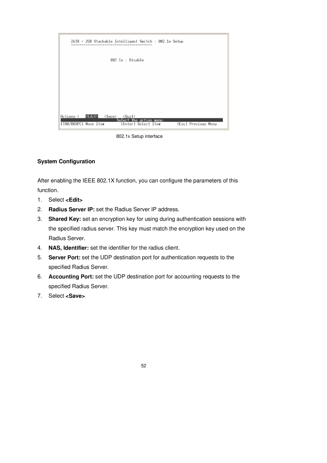 LevelOne GSW-2491TXM user manual 802.1x Setup interface 