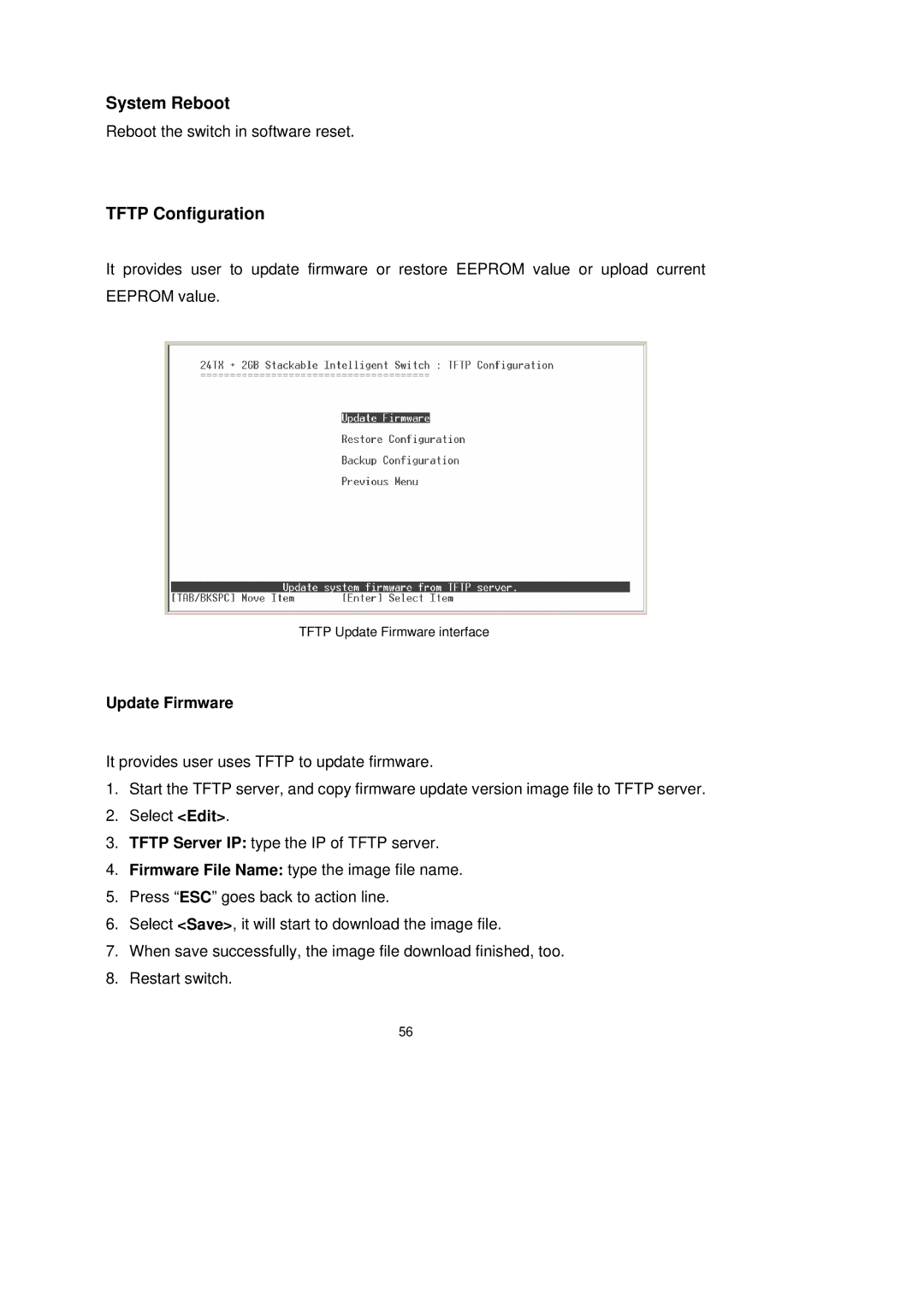 LevelOne GSW-2491TXM user manual System Reboot, Tftp Configuration, Update Firmware 