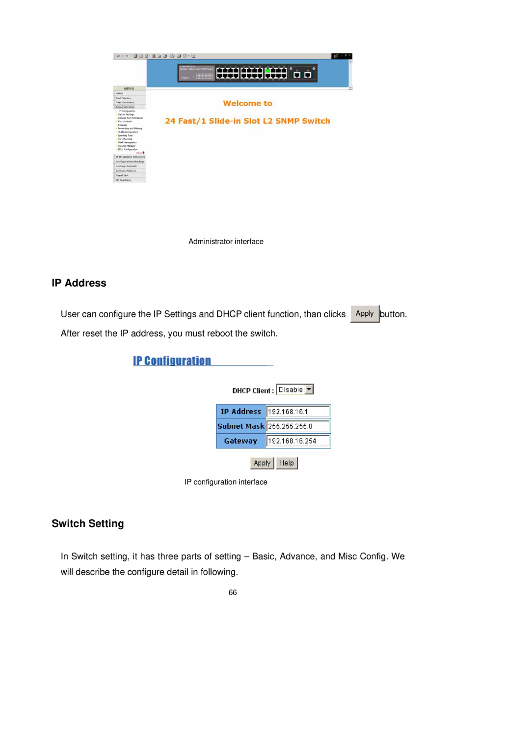 LevelOne GSW-2491TXM user manual IP Address, Switch Setting 