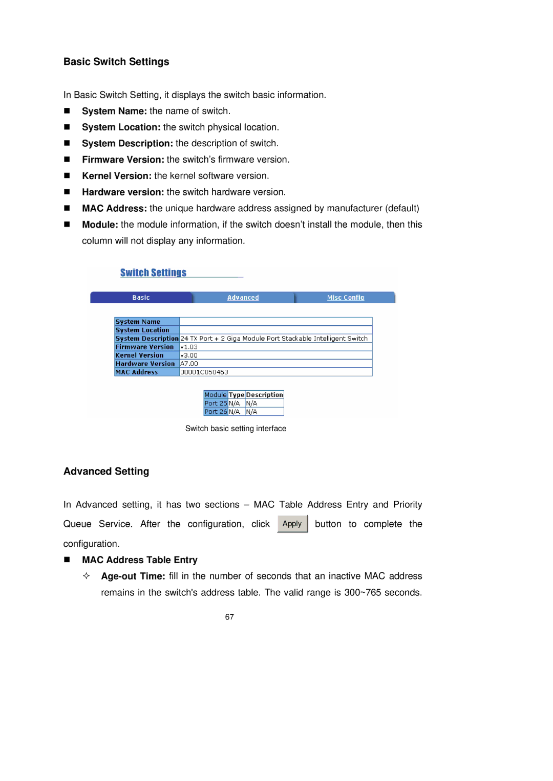 LevelOne GSW-2491TXM user manual Basic Switch Settings, Advanced Setting, „ MAC Address Table Entry 