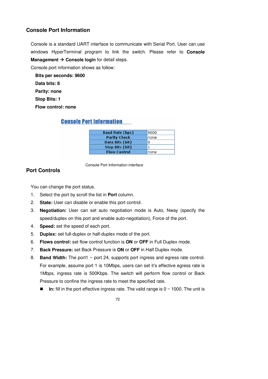 LevelOne GSW-2491TXM user manual Console Port Information, Port Controls 