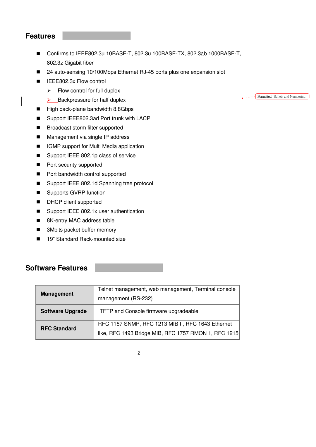 LevelOne GSW-2491TXM user manual Software Features, Management, Software Upgrade, RFC Standard 