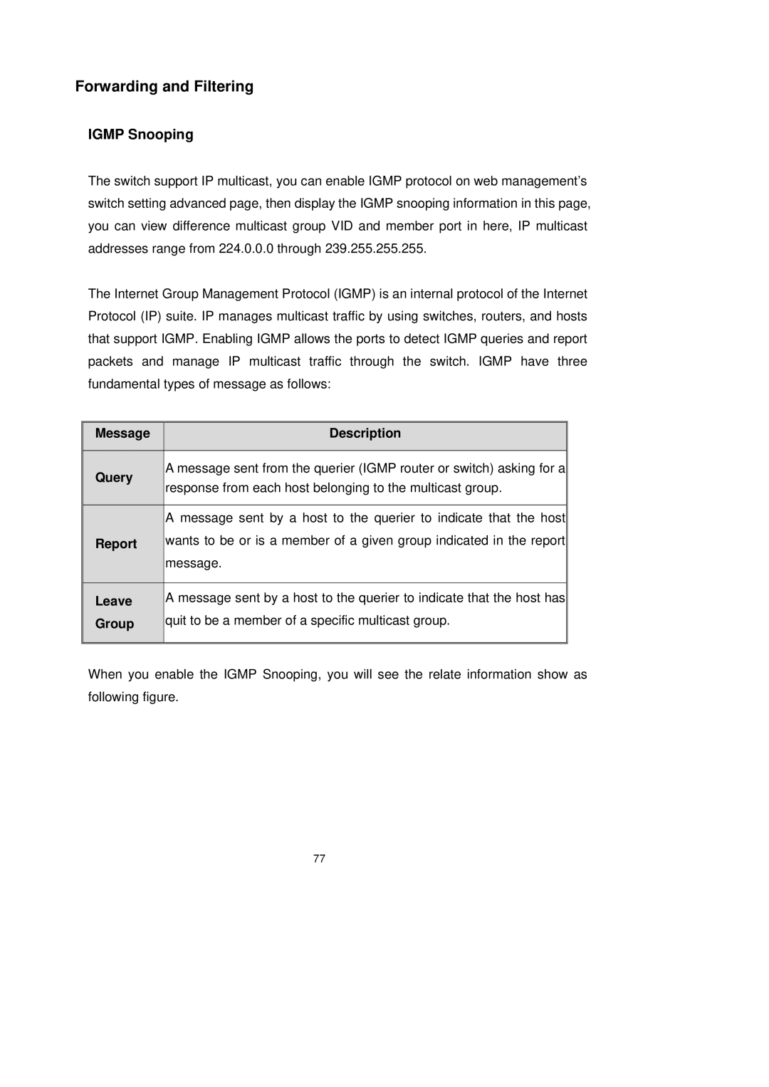 LevelOne GSW-2491TXM user manual Forwarding and Filtering, Igmp Snooping 