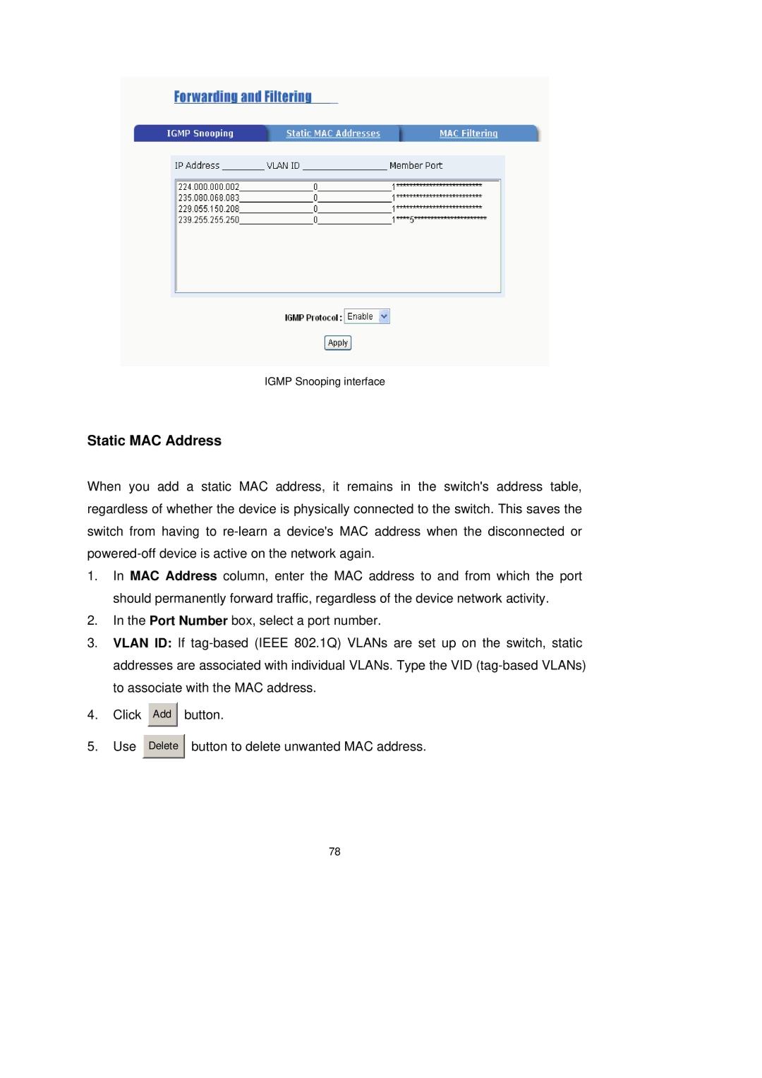 LevelOne GSW-2491TXM user manual Static MAC Address 