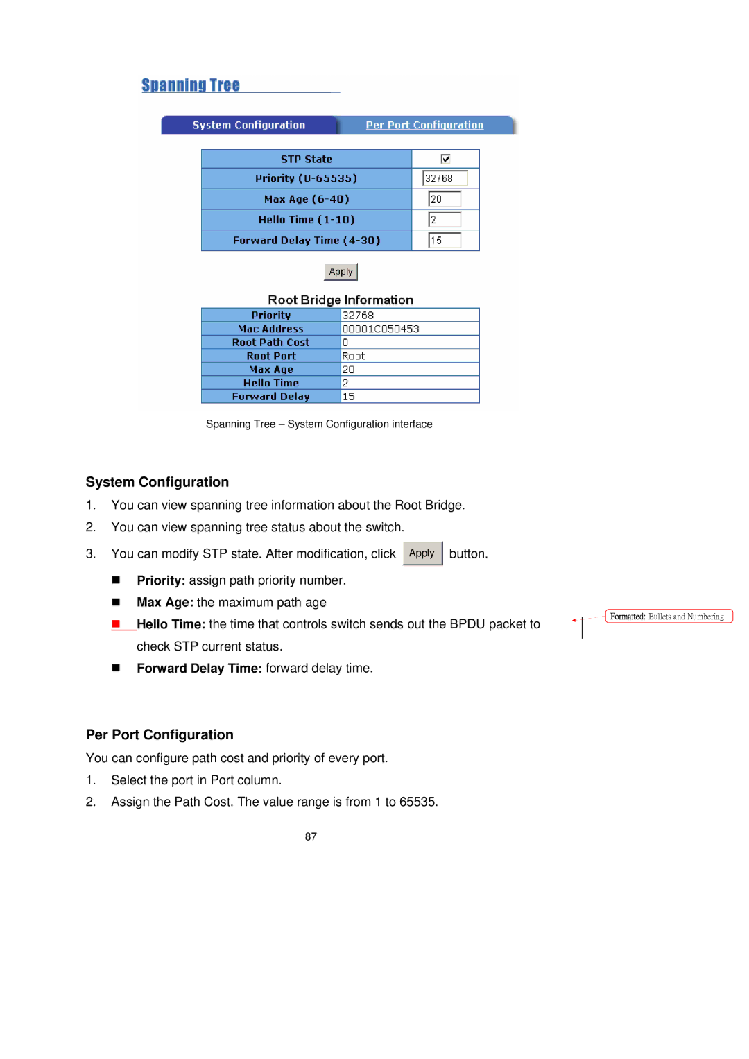 LevelOne GSW-2491TXM user manual System Configuration, Per Port Configuration, „ Forward Delay Time forward delay time 