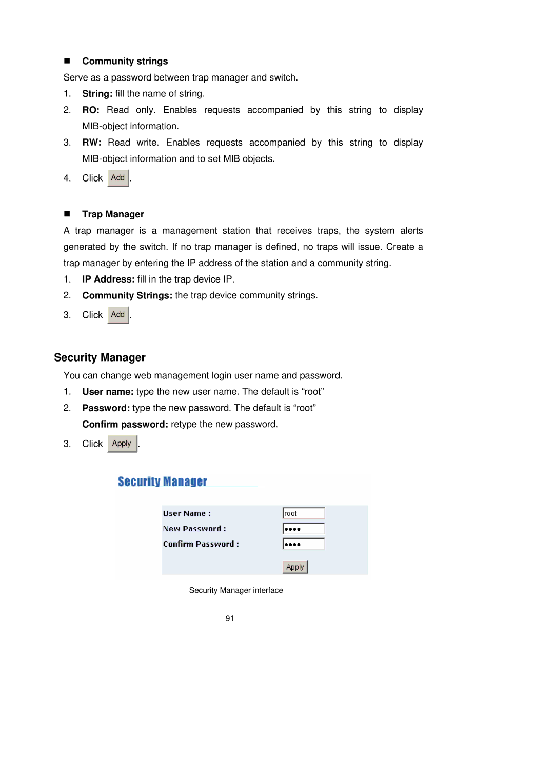 LevelOne GSW-2491TXM user manual Security Manager, „ Community strings, „ Trap Manager 