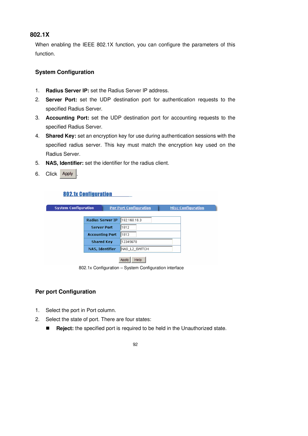 LevelOne GSW-2491TXM user manual 802.1X, System Configuration 