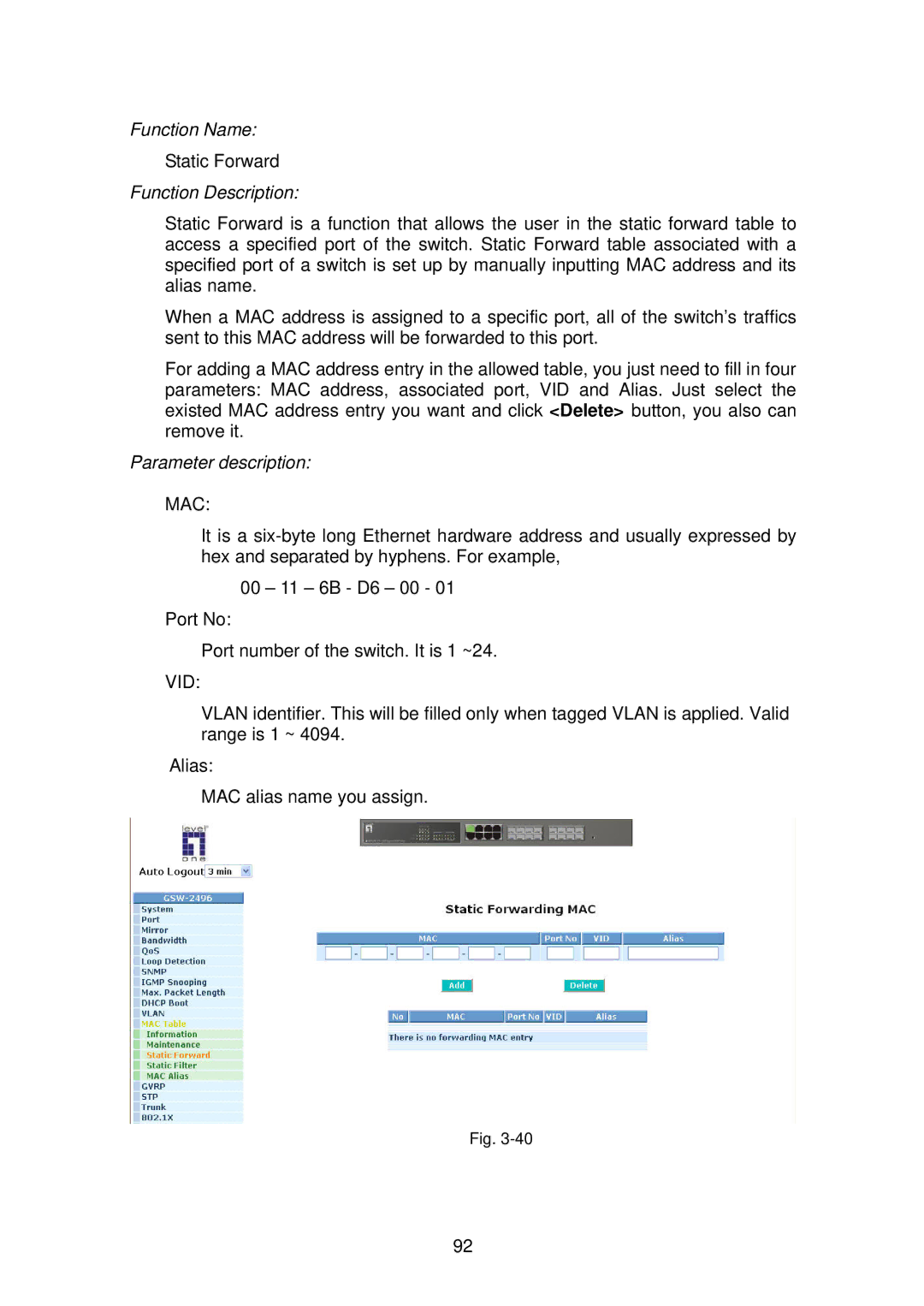 LevelOne GSW-2496 user manual Static Forward 