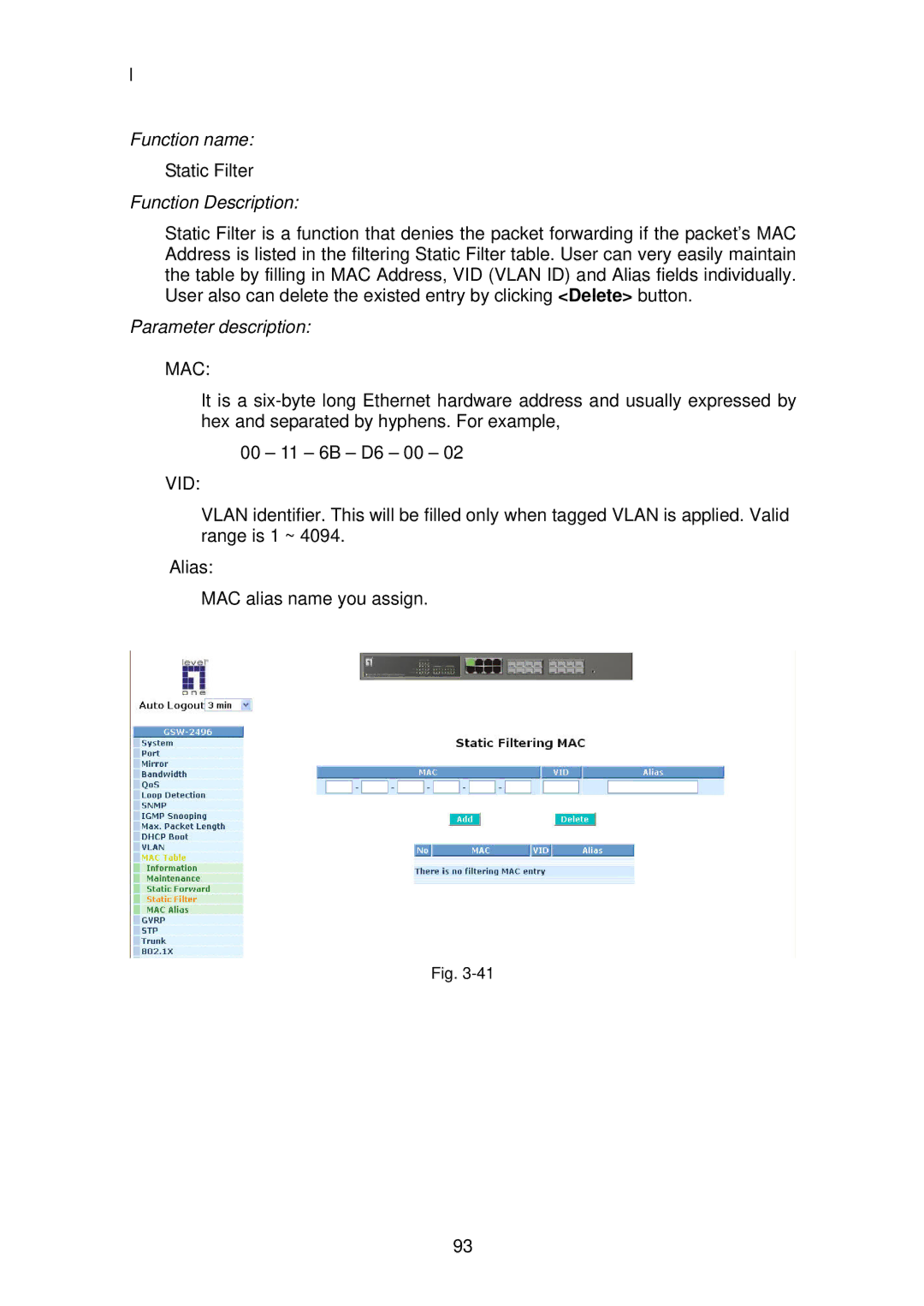 LevelOne GSW-2496 user manual Static Filter 