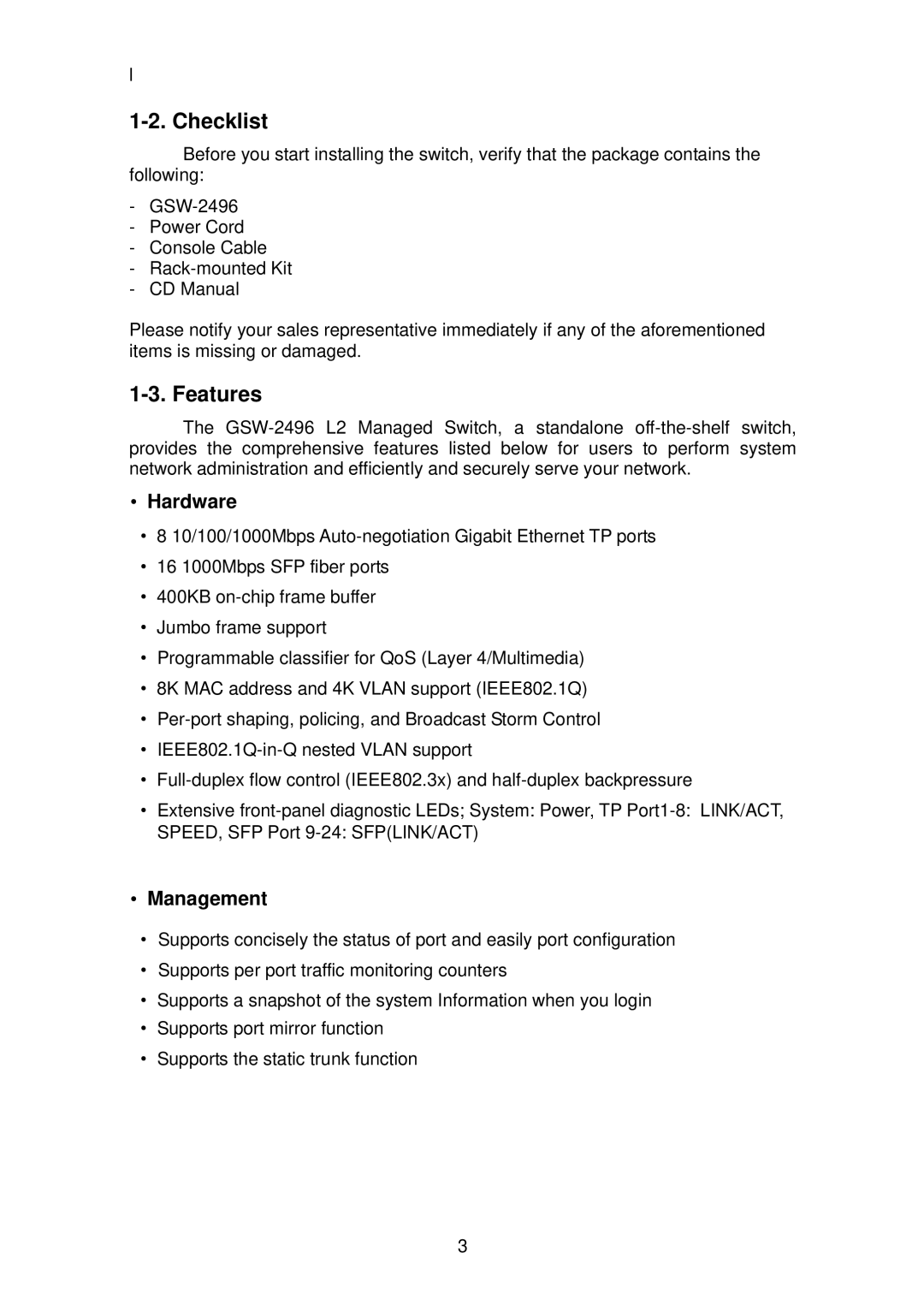 LevelOne GSW-2496 user manual Checklist, Features, Hardware, Management 