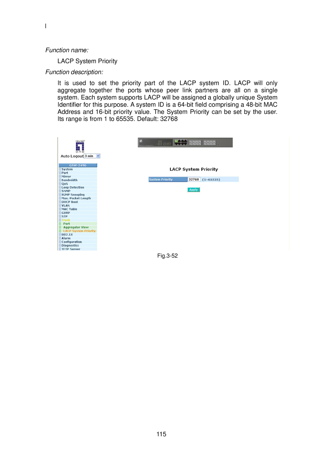 LevelOne GSW-2496 user manual Lacp System Priority 