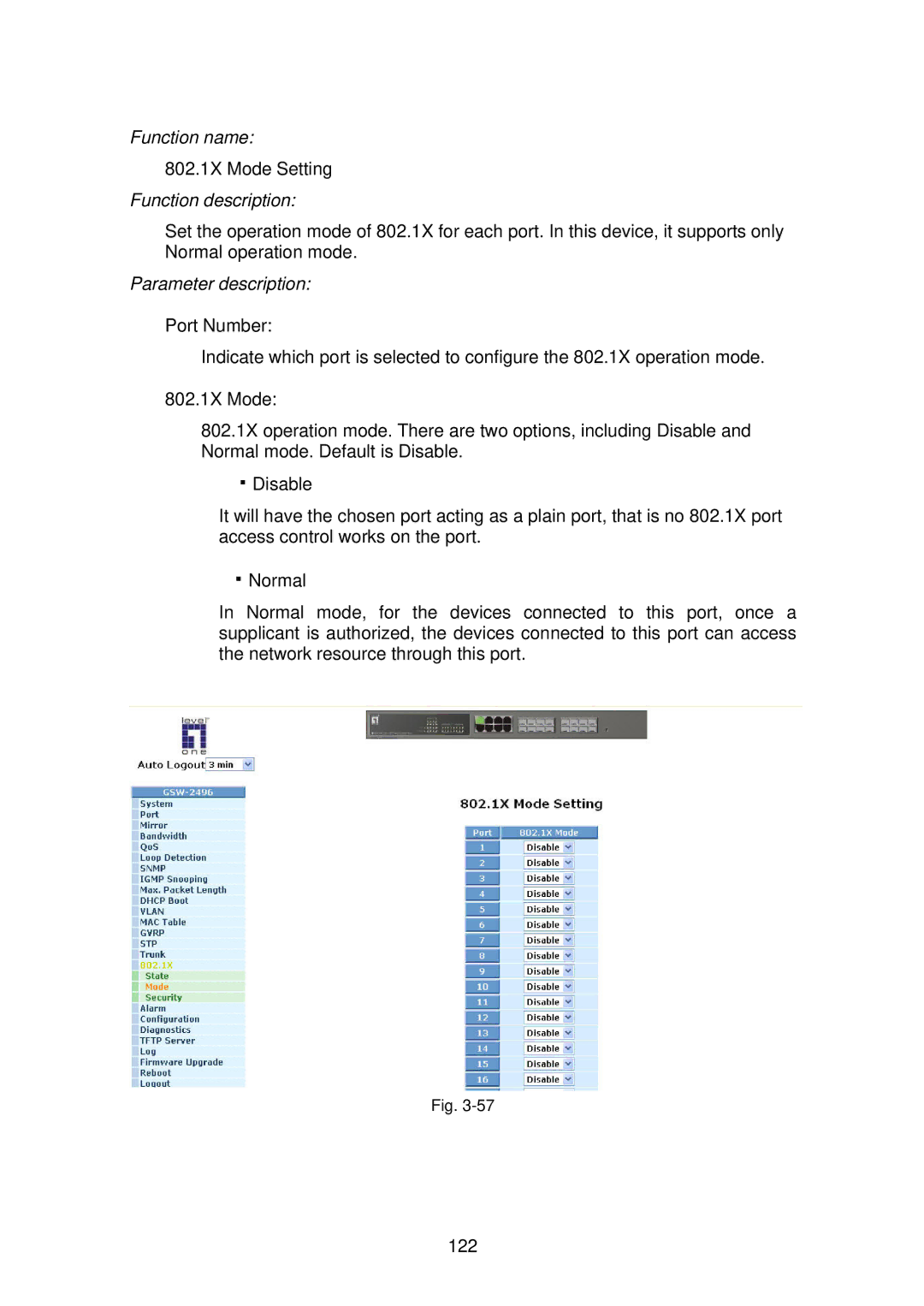 LevelOne GSW-2496 user manual 802.1X Mode Setting 