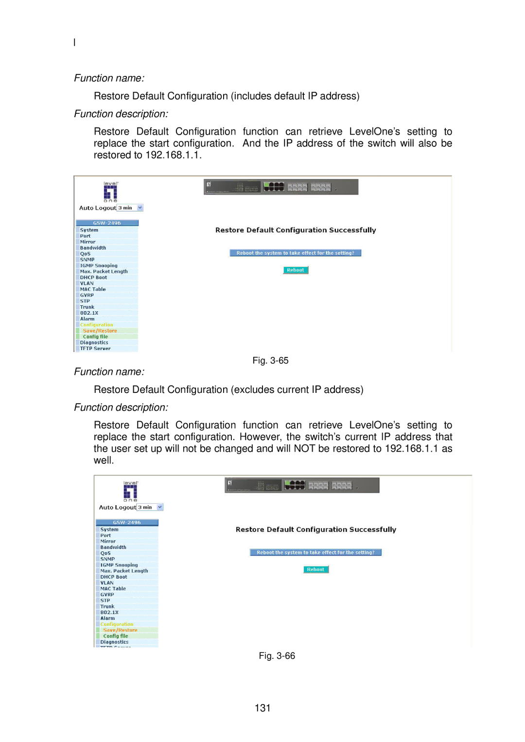 LevelOne GSW-2496 user manual Restore Default Configuration includes default IP address 