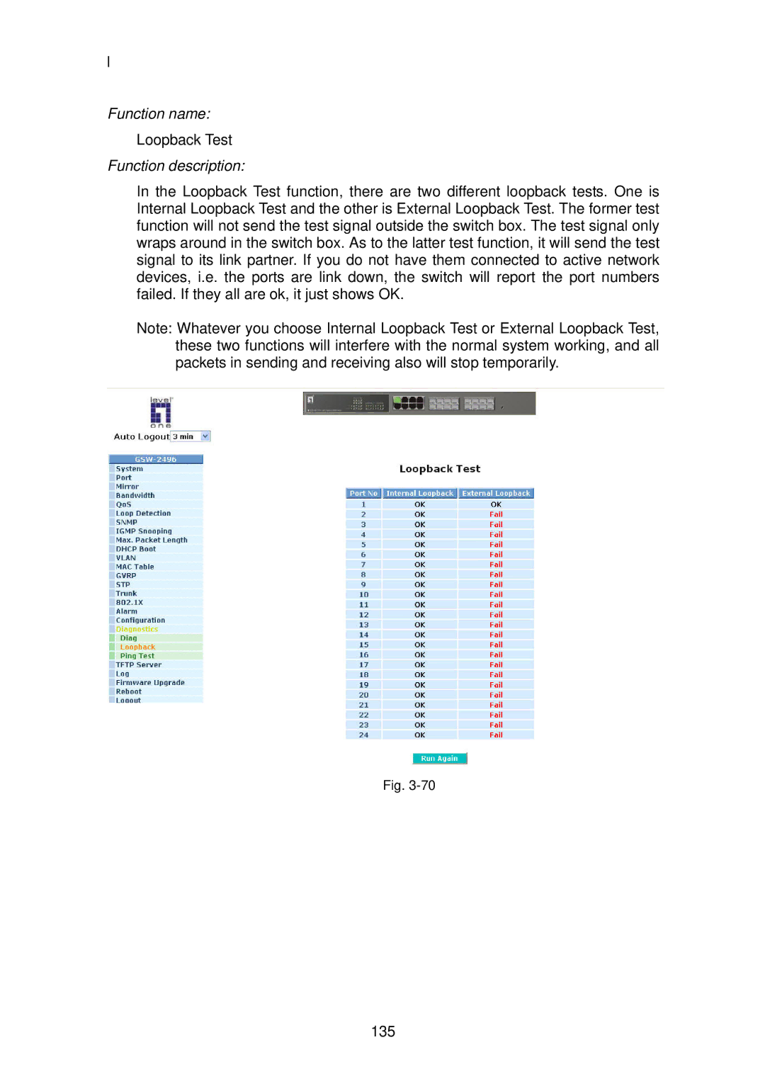 LevelOne GSW-2496 user manual Loopback Test 