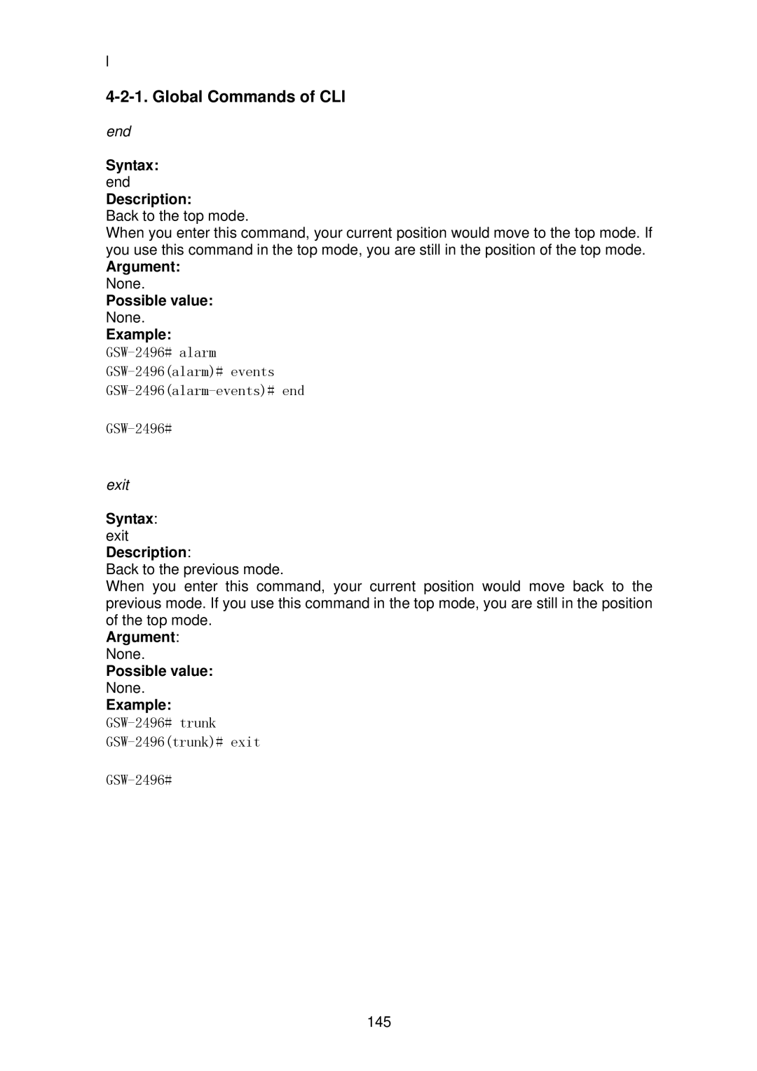 LevelOne GSW-2496 user manual Global Commands of CLI, Syntax, Argument, Possible value, Example 