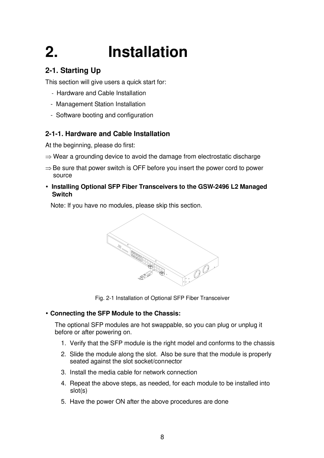 LevelOne GSW-2496 user manual Starting Up, Hardware and Cable Installation, Connecting the SFP Module to the Chassis 