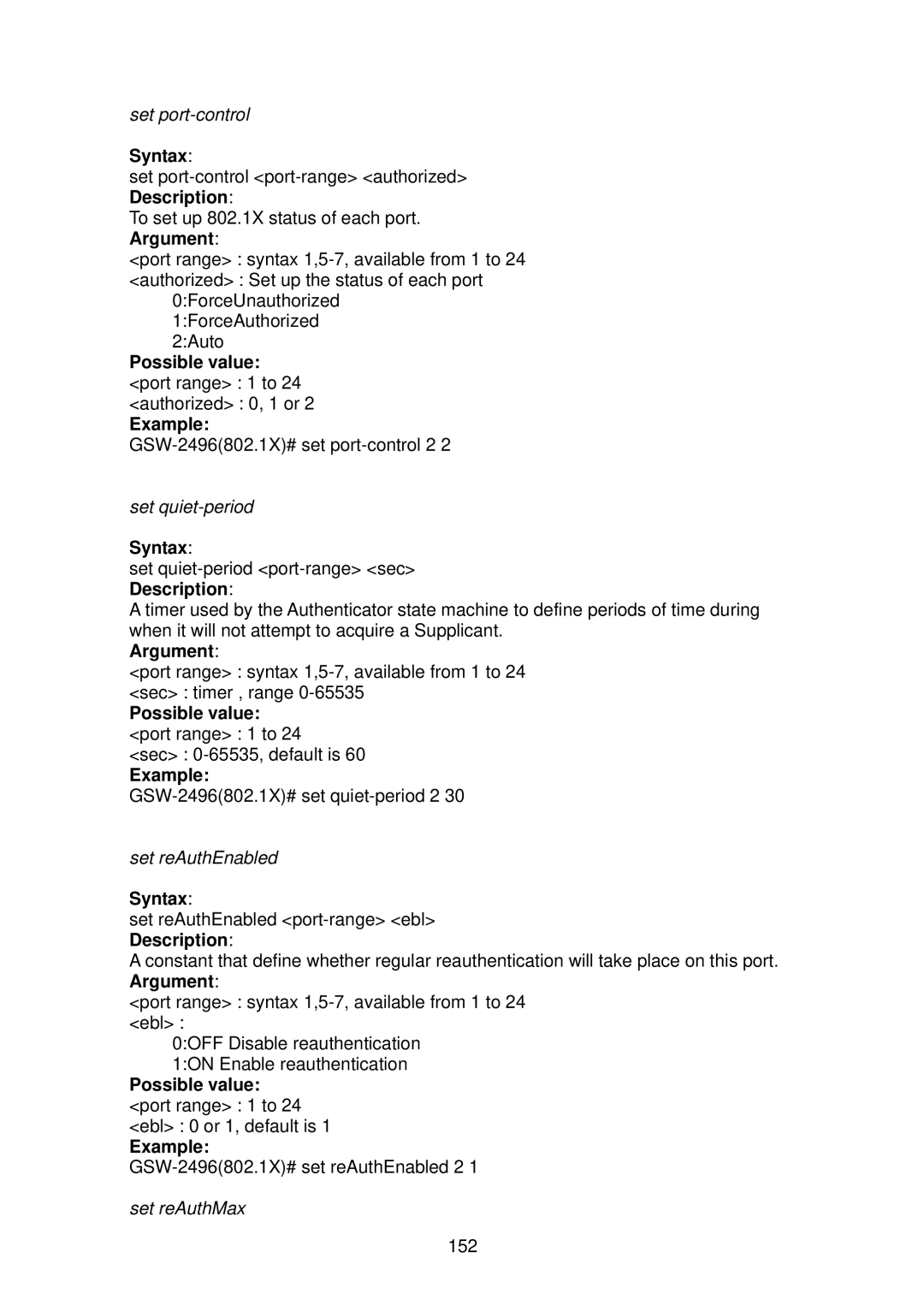 LevelOne GSW-2496 user manual Possible value port range 1 to 24 authorized 0, 1 or Example 