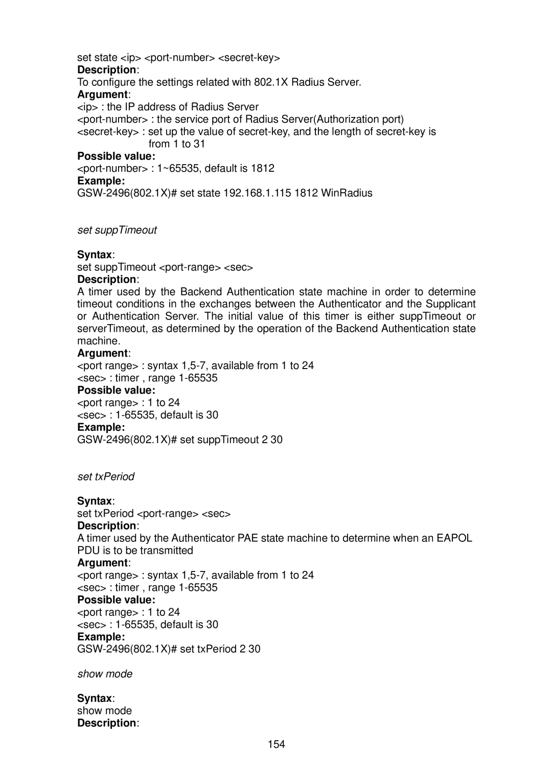 LevelOne GSW-2496 user manual Possible value, Syntax show mode Description 