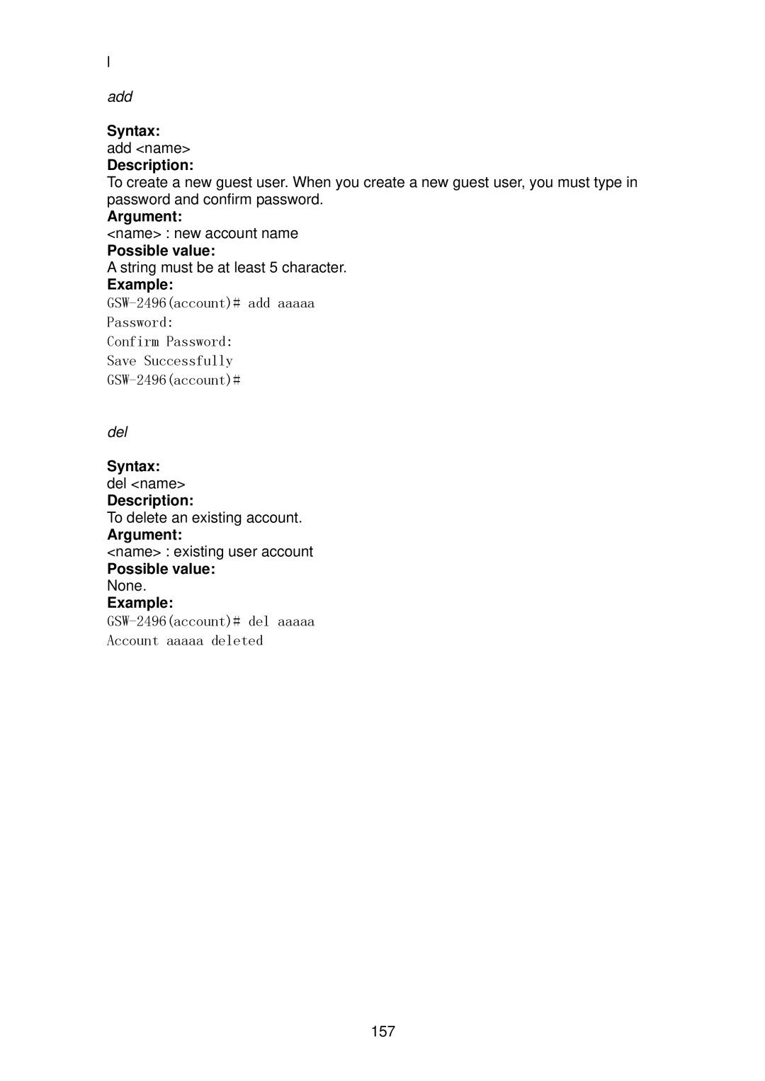 LevelOne user manual GSW-2496account# del aaaaa Account aaaaa deleted 