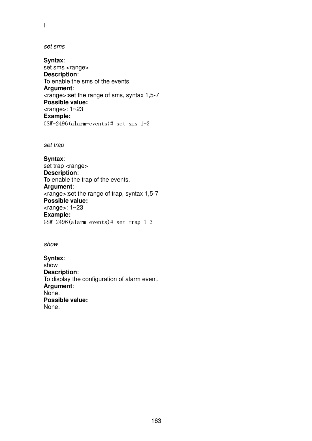 LevelOne user manual GSW-2496alarm-events# set sms 