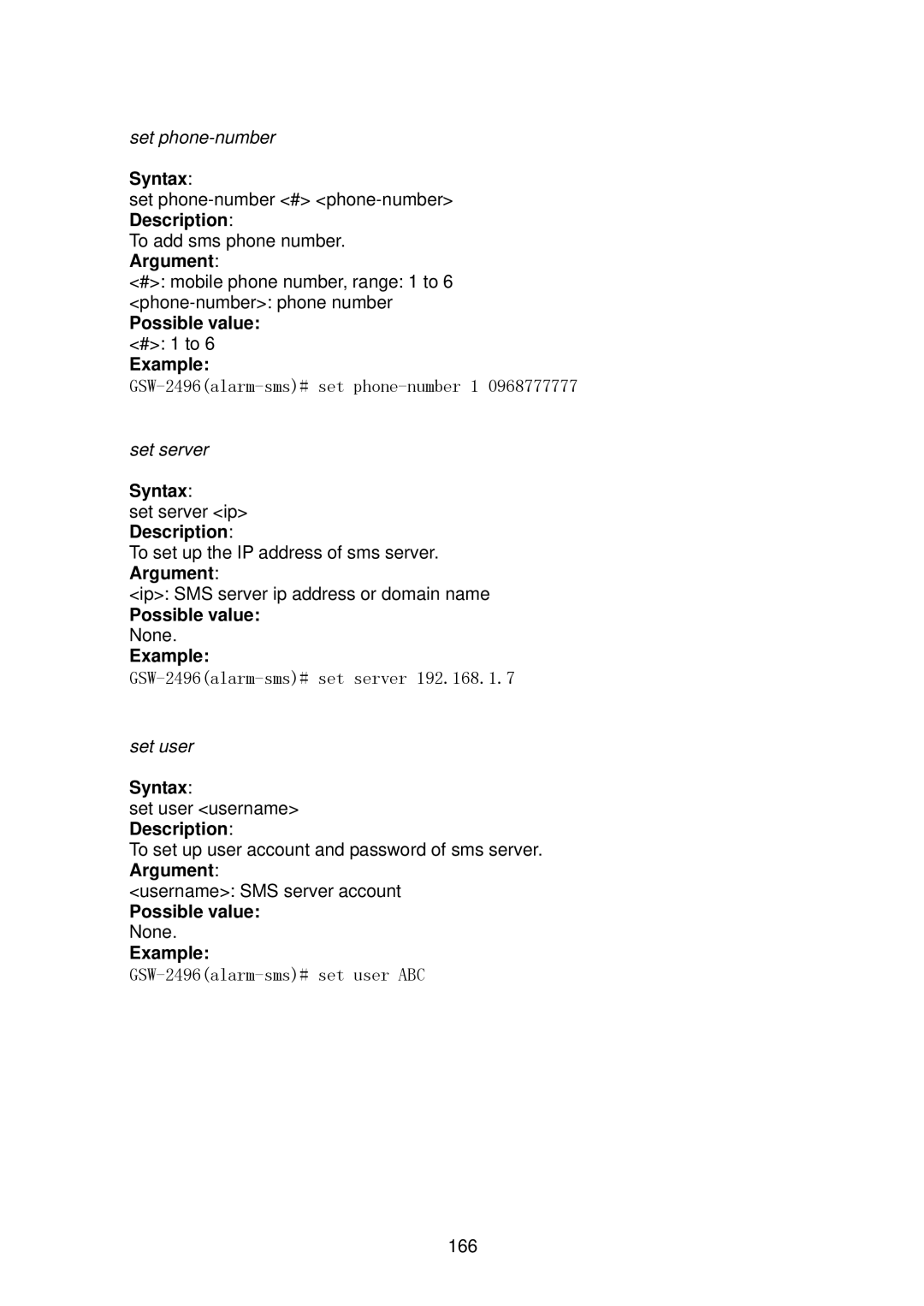 LevelOne user manual GSW-2496alarm-sms# set phone-number 1 