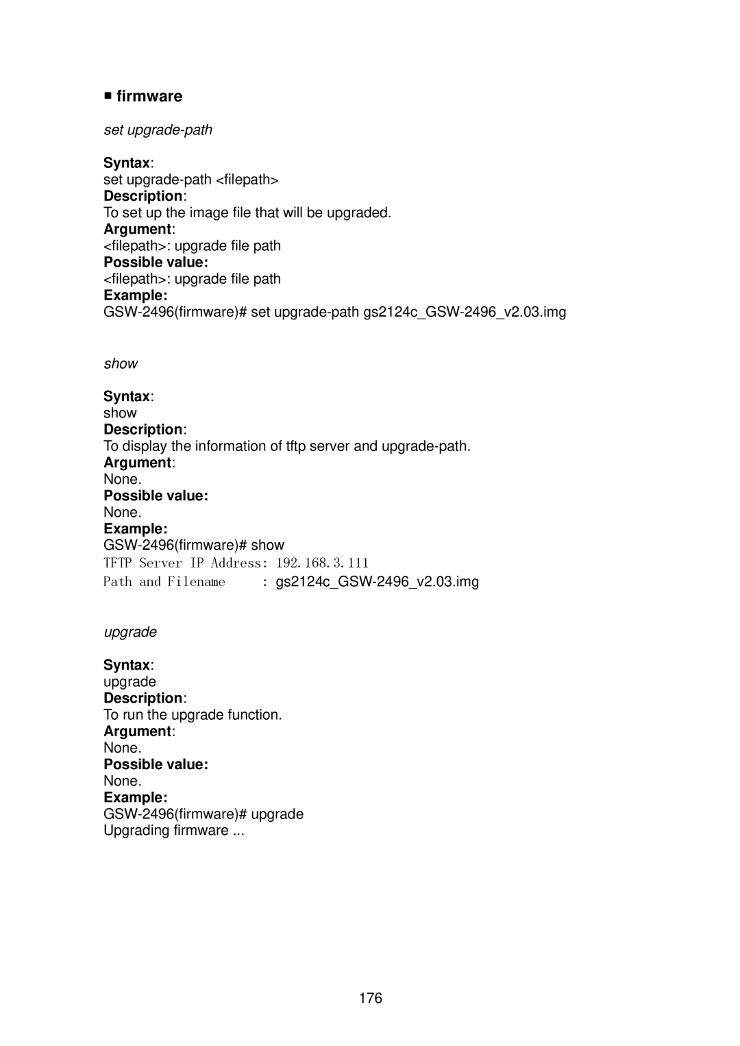 LevelOne GSW-2496 user manual Firmware, Possible value filepath upgrade file path Example, Syntax upgrade Description 