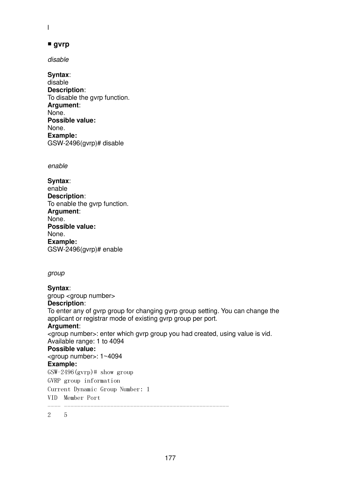 LevelOne GSW-2496 user manual Gvrp, Syntax disable Description, Syntax enable Description 