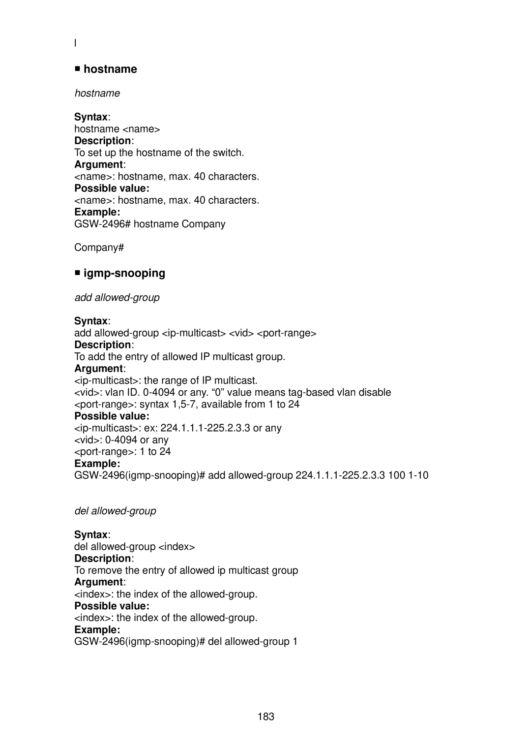 LevelOne GSW-2496 user manual Hostname, Igmp-snooping 