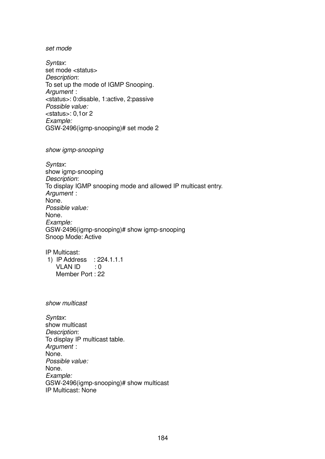 LevelOne GSW-2496 user manual Possible value status 0,1or Example 